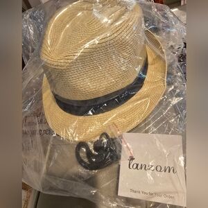 LANSOM Tan Fedora Hat with Black Band. Roll Up Brim With Removable Strap Size L